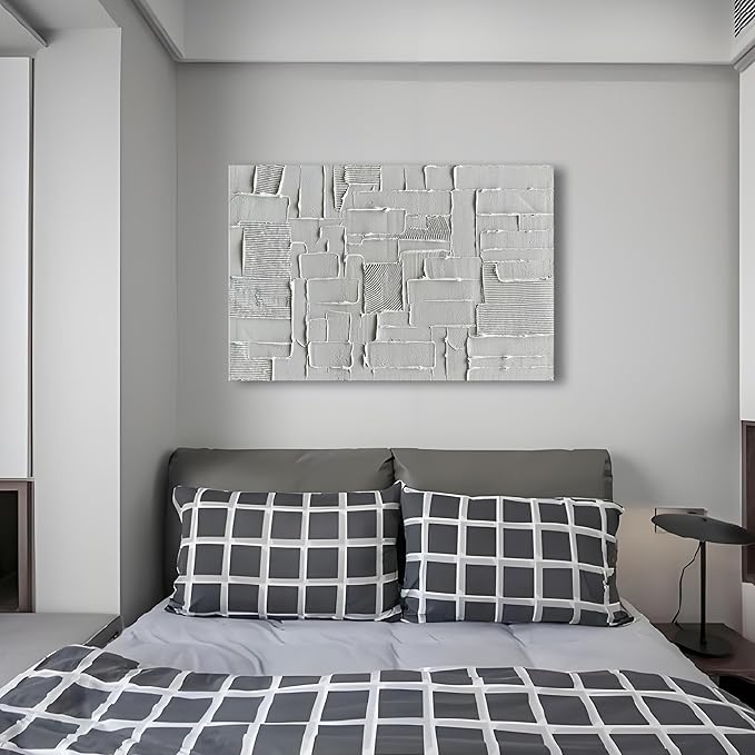 Hand-Painted White and Grey Abstract Wall Decoration Oil Painting Thick Texture Minimalist Art 45x30 inches