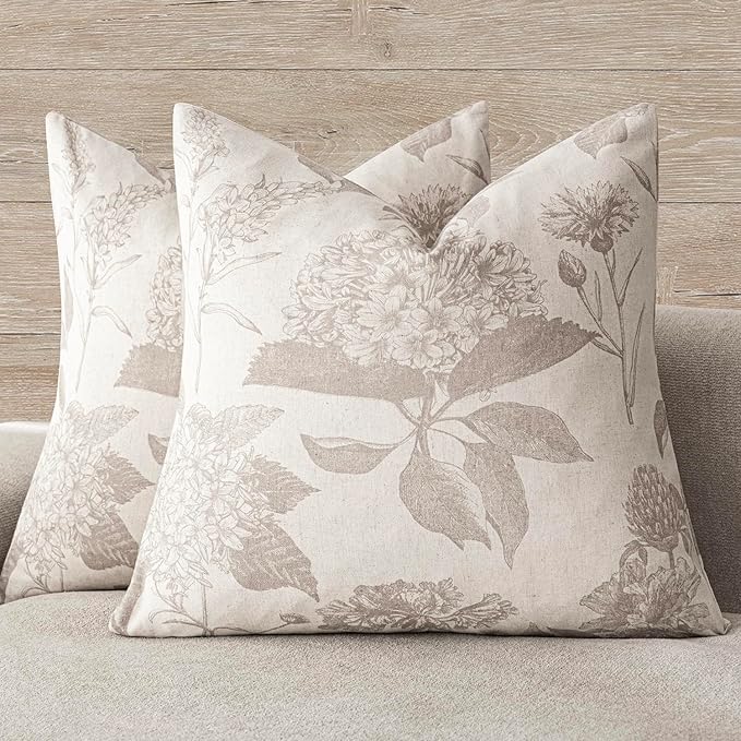 Foindtower Set of 2 Linen Floral Vintage Throw Pillow Covers Neutral Accent Print Decorative Cushion Covers Farmhouse Home Decor for Sofa Chair Couch Bedroom Living Room,18×18 Inch,Tan Beige