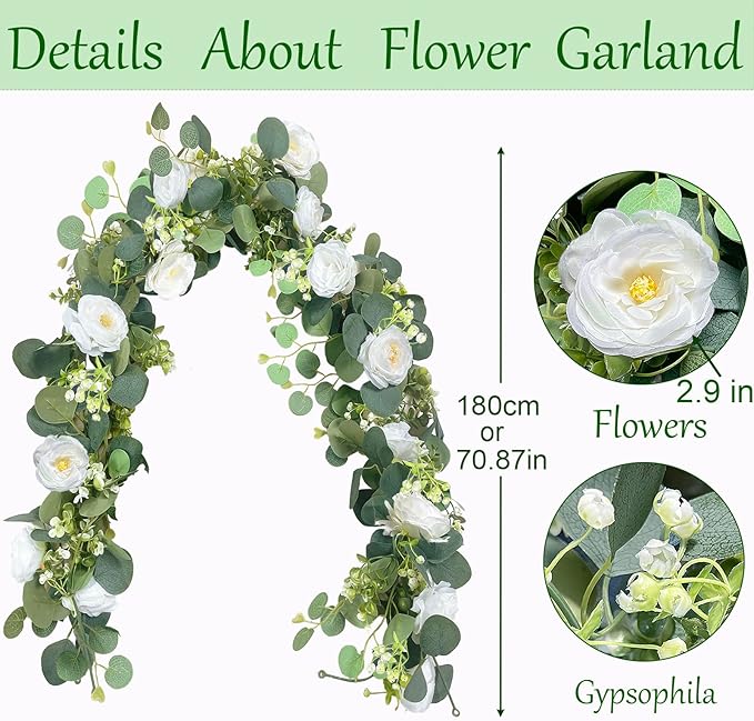 4 Pack Artificial Eucalyptus Flower Garland with White Roses, Faux Floral Greenery Garland Fake Flower Vines for Wedding Party Centerpiece Table Runner Arch Party Backdrop Decor (4PCS, White)