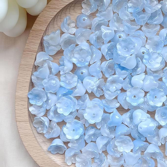 LadayPoa 100pcs Glass Bellflower Beads for Jewelry Making Trumpet Flower Beads Gradient Clear Cute Beads for Bracelets Making Aesthetic Bead Charms for DIY Necklace Decoration-Sky Blue