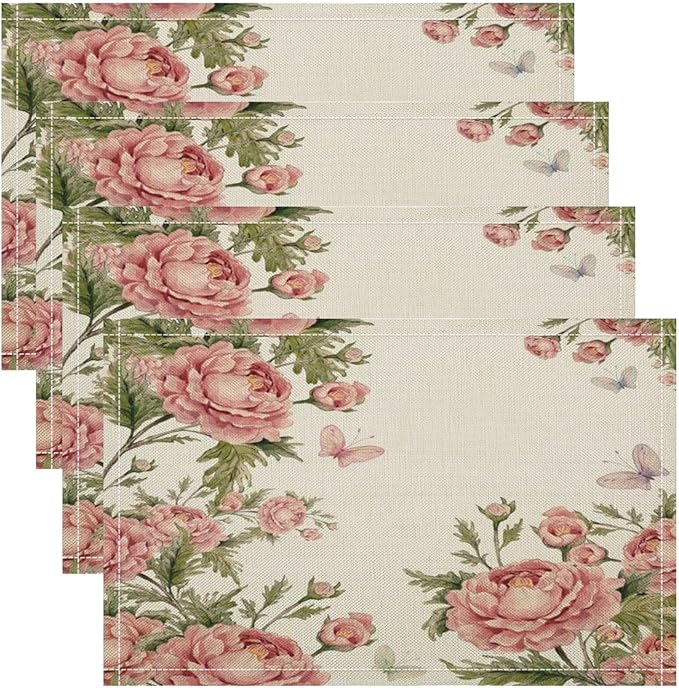 Pink Flowers Placemats Set of 6, 17x12 Inch Rustic Farmhouse Romantic Spring Floral Blossom Butterfly Table Mats for Home Party Kitchen Dining Decor