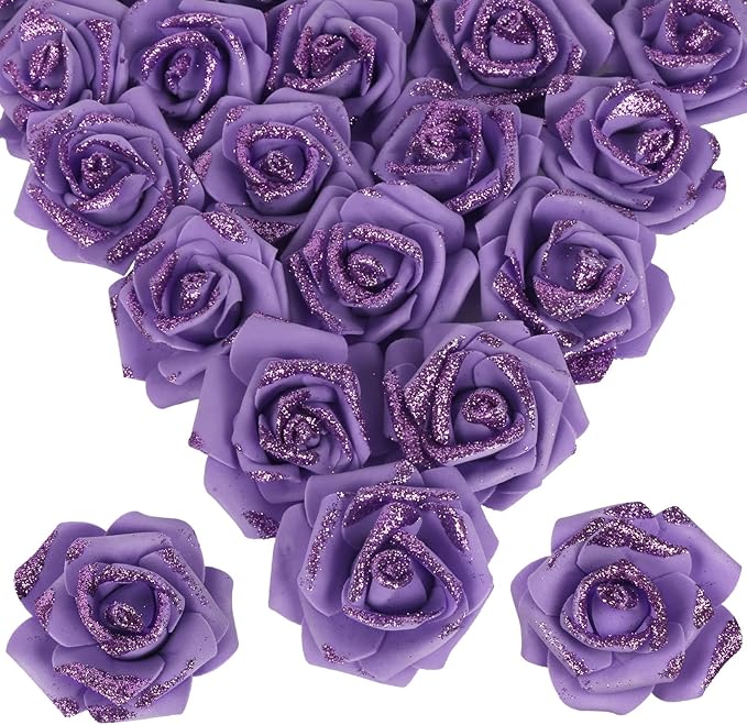 100pcs Purple Glitter Roses 2.56" Foam Glitter Flowers Fake Roses Purple Flowers Artificial Roses for Bridal Shower Centerpieces DIY Wedding Flower Floral Arrangements (Purple)