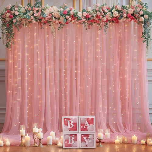 10x10ft Dusty Rose Tulle Backdrop Curtain with Lights String for Parites, Sheer Backdrop Curtains for Wedding Baby Shower Birthday Party Photo Shoot Decorations