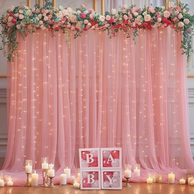 10x8ft Dusty Rose Tulle Backdrop Curtain with Lights String for Parites, Sheer Backdrop Curtains for Wedding Baby Shower Birthday Party Photo Shoot Decorations