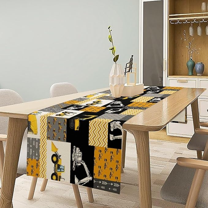 Excavator Table Runner,Boys Kids Construction Vehicles Equipment Trucks Cartoon Car Tablecloth Burlap for Hotel Indoors Outdoor Dining Room Kitchen Holiday Party, 13x60in