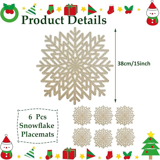 Snowflake Placemats Set of 6, Washable Christmas Placemats Snowflake Tablemats Hollow Out Round Vinyl Place Mats for Dining Table Setting Kitchen Table Mats Christmas Decoration(Gold Snowflake)