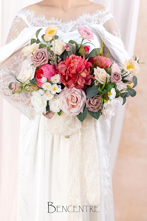 14 Inch Blush Wedding Bouquet for Bride,Spring Wedding Bouquet,hot pink Bridal Bouquets for Bride, for Wedding Ceremony Anniversary,Party and French Rustic Vintage Wedding,Artificial Flowers