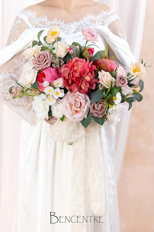 14 Inch Blush Wedding Bouquet for Bride,Spring Wedding Bouquet,hot pink Bridal Bouquets for Bride, for Wedding Ceremony Anniversary,Party and French Rustic Vintage Wedding,Artificial Flowers