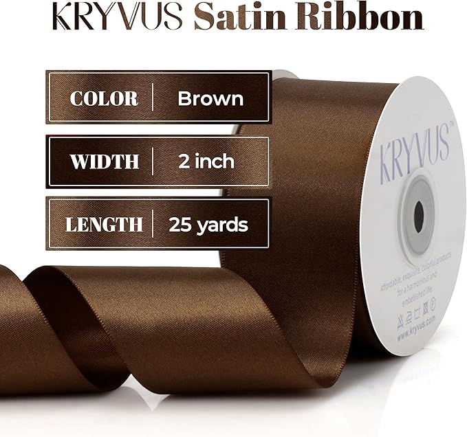 Brown Satin Ribbon, Double Faced 2 Inch X 25 Yards Brown Ribbon, Premium Satin Ribbon for Gift Wrapping, Crafts, Hair Bow Making, Sewing, Flower Bouquet, Wedding Party Decor