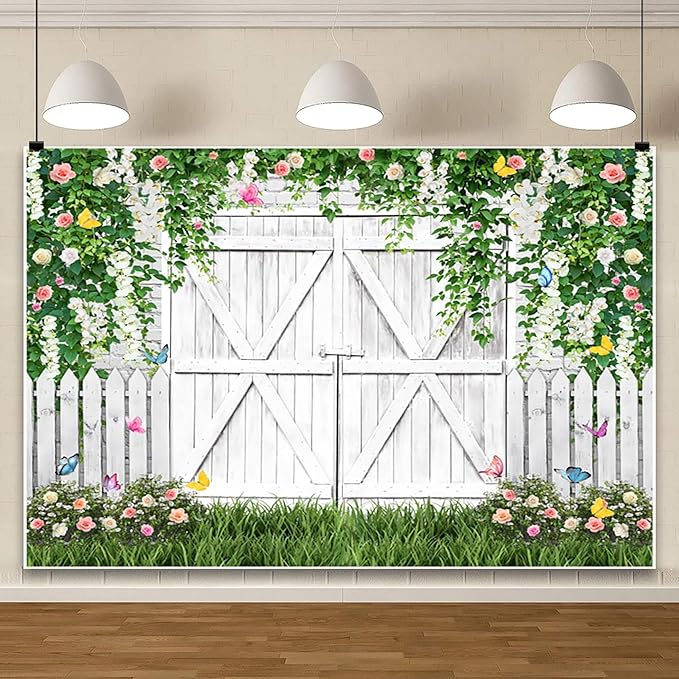 AOFOTO White Barn Door Floral Backdrop 7x5ft Spring Garden Background Banner Green Leaves Flowers Butterfly Wooden Door Backdrops Birthday Bridal Shower Wedding Banner Photo Booth Studio Props