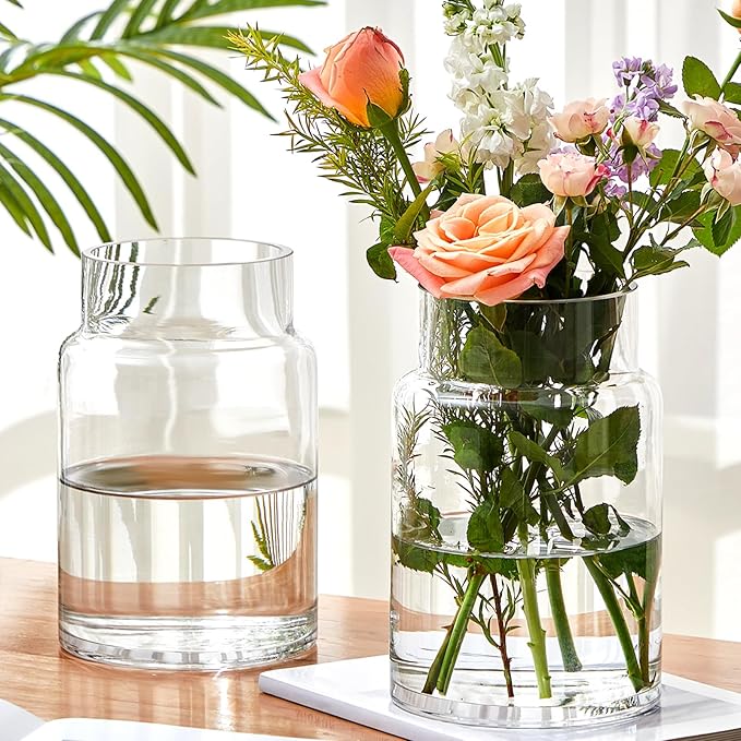 2 Pcs 9 Inch Large Glass Vase for Bouquet Wide Mouth Vase for Centerpieces Large vase for Flowers Modern Glass Vases for Wedding Home Dining Table Decor(H: 9” W: 6")