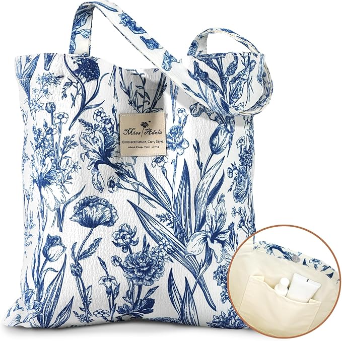 Aesthetic Cotton Tote Bag for Women - Reusable Shoulder Bag with Buckle Fabric Bag for Gym, Travel, Work