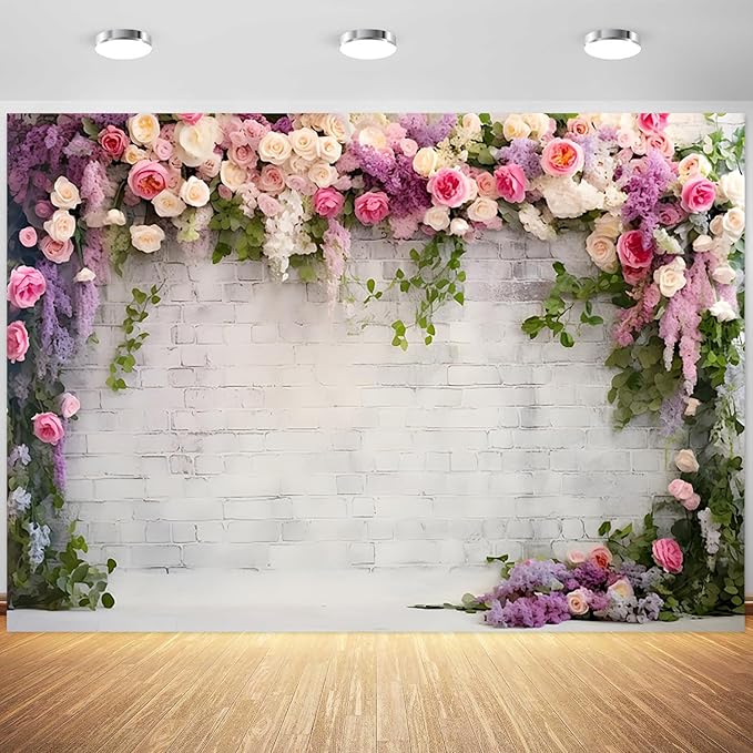 10x6.5ft Wedding Backdrop Rustic White Brick Wall Flowers Photography Background Bridal Shower Wedding Party Adults Portraits Decoration Supplies Photo Booth Props