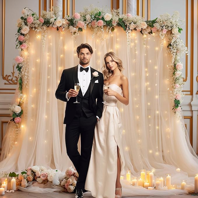 10x8ft Champagne Tulle Backdrop Curtain with Lights String for Parites, Sheer Backdrop Curtains for Wedding Baby Shower Birthday Party Photo Shoot Decorations