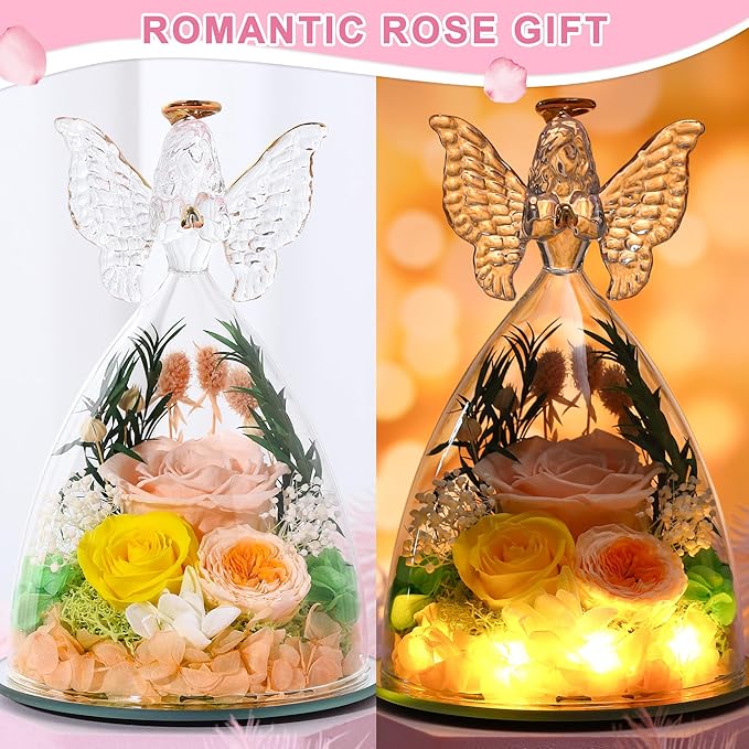 Christmas Rose Gifts for Women Preserved Real Flower in Glass Angel Figurines Roses for Delivery Prime Birthday Gifts for Mom Grandma Girlfriend Wife Her, Champagne Austin Roses