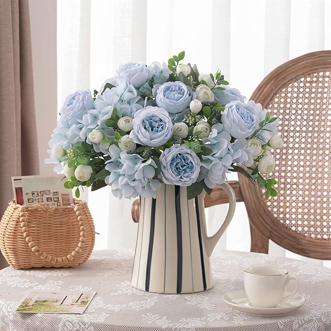 4 Bunches Peonies Artificial Flowers, Silk Peonies Flowers Fake Bouquet Faux Floral Arrangements for Centerpiece Table Wedding Party Home Decor (4, Blue White)
