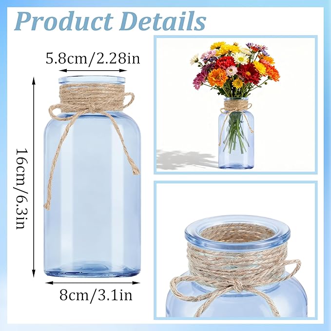 Vintage Glass Flower Vase，3 Pack Farmhouse Blue Glass Centerpiece Vases Mason Jars for Weddings, Parties & Home Decor Bulk (3, Blue)