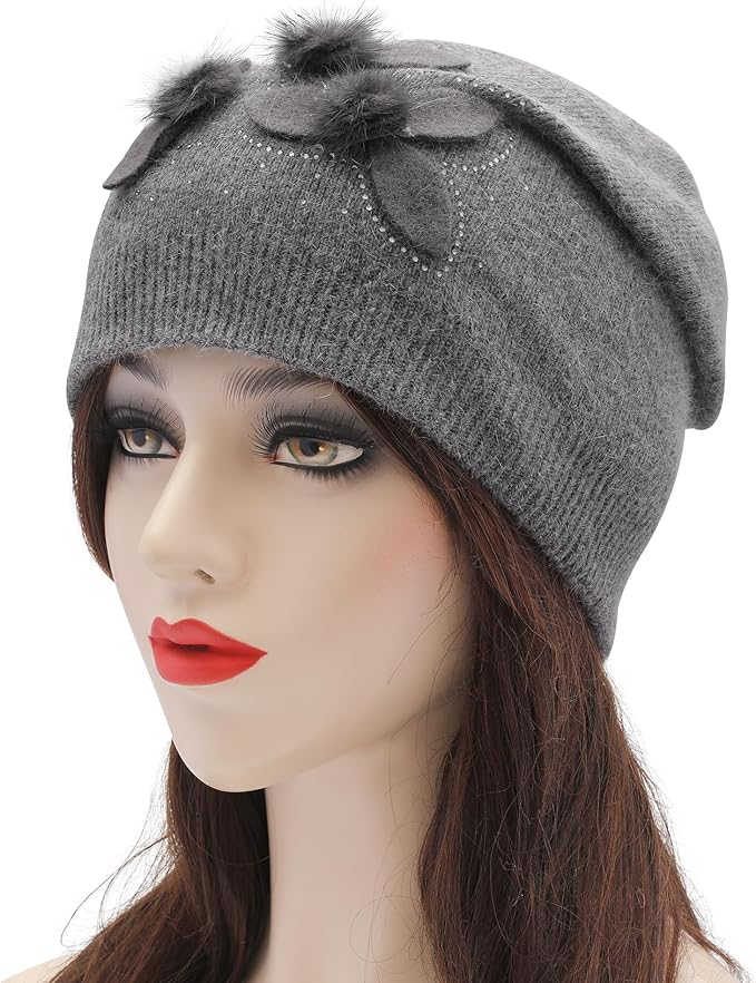 ZLYC Women Floral Slouchy Beanie Hat Double Layer Winter Knit Skull Cap