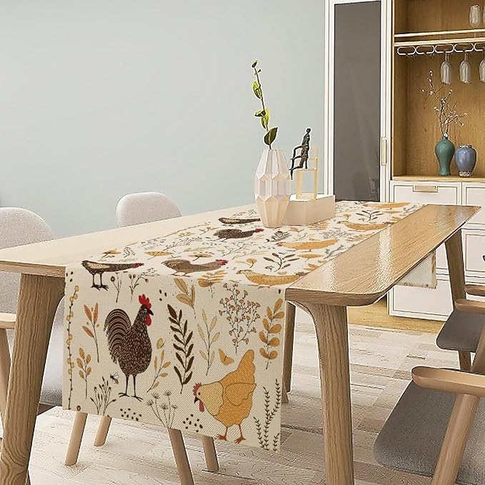 Farmhouse Rooster Table Runner, Rustic Farm Animals Cute Cartoon Chicken Floral Dinner Runner for Farmhouse Home Kitchen Dinner Table Holiday Party Decoration 13x90in