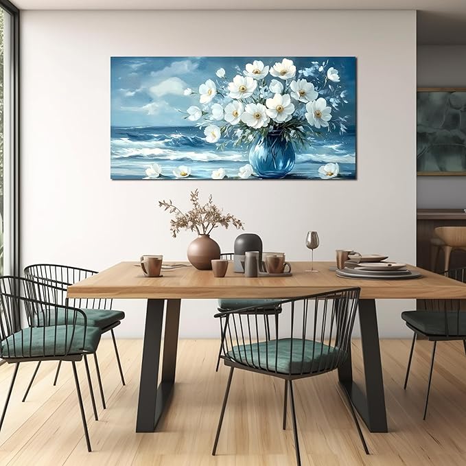 Flower Wall Art for Living Room, Ocean Canvas Wall-Decor for Bedroom, Blue and White Picture Print Artwork for Office, Size 48 x 24 Inches