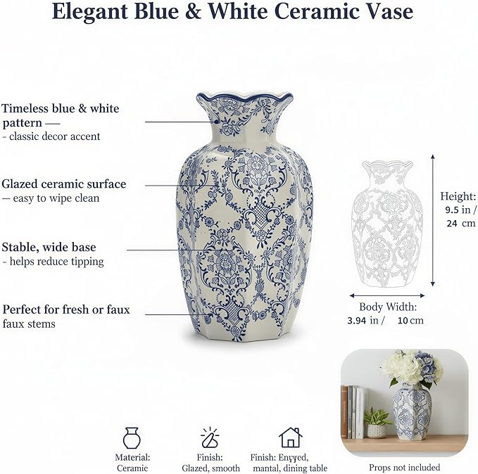 9.5-Inch Blue & White Rustic Vintage Ceramic Vase, Aesthetic Farmhouse Pottery Decor for Living Room, Dining Room & Office