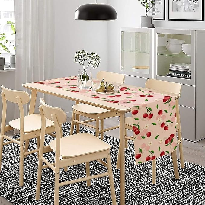Cherry Table Runner,Spring Summer Fruit Tropical Birthday Party Decorations Dining Room Home Kitchen Table Decor 13 x 108In