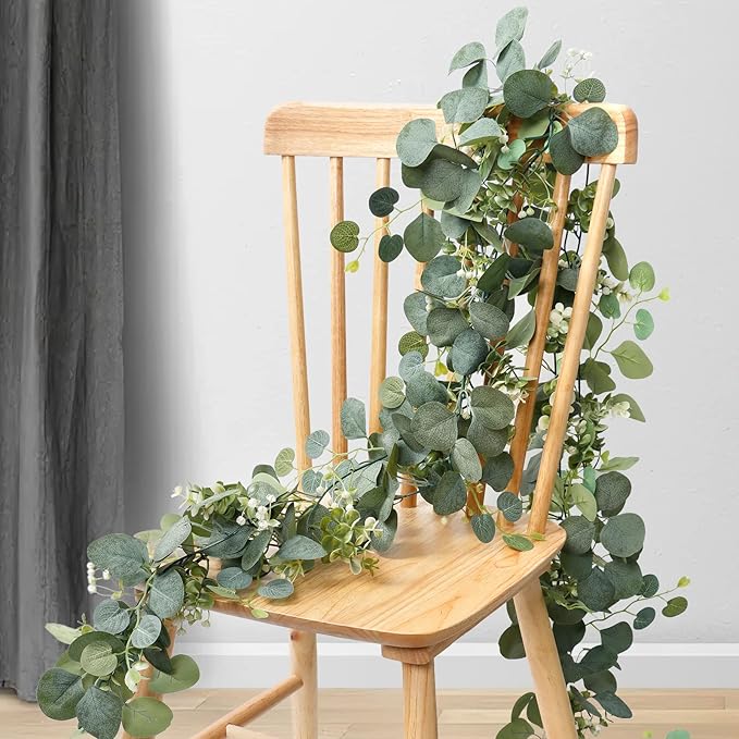 TOCHGREEN 2 PCS Artificial Eucalyptus Garland 5.9FT Faux Silver Dollar Greenery Garland Vines with White Flower Boxwood Fake Hanging Plants for Wedding Home Party Table Mantle Wall Decor