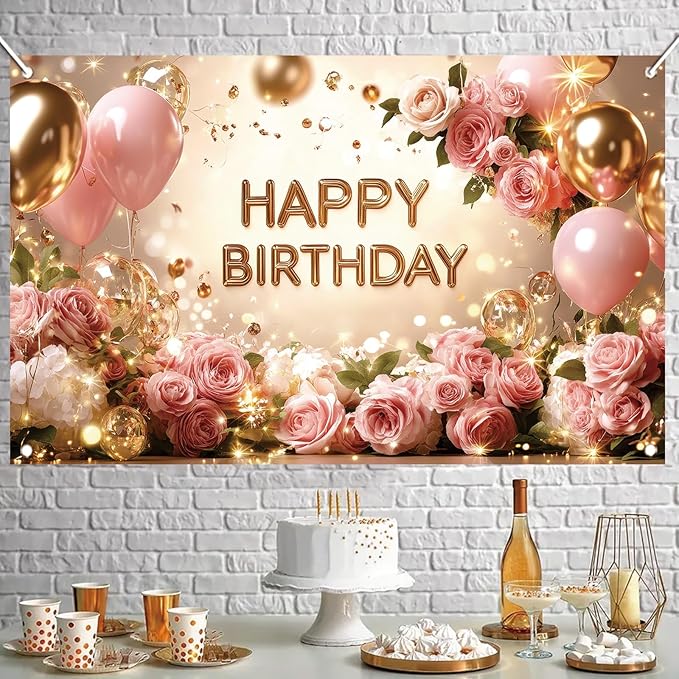 Rose Gold Birthday Backdrop Banner Pink Balloon Floral Rose Photography Background for Girls Women Gold Birthday Party Wedding Baby Shower Decor Photo Booth Supplie 71 x 43 Inch
