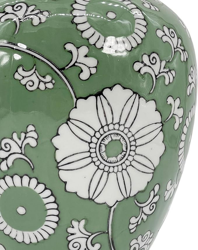 Galt International 14” Hand Painted Chinoiserie Ceramic Vase – Antique Style Porcelain Flower Bottle by Galt International, Fishtail Chinese Vase for Home Decor & Centerpiece - Green & White