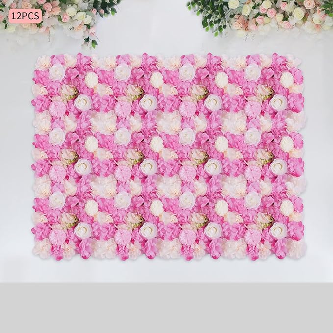 3D Flower Wall Panel 12Pcs Artificial Flower Wall Background Silk Rose Mat for Wedding Wedding Decor Shop Photo Backdrop (Flower Type D)