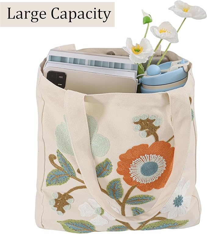 Aesthetic Embroidery Tote Bag for Lady Cute Reusable Canvas Shoulder Bag for Girls Women Shopping Grocery