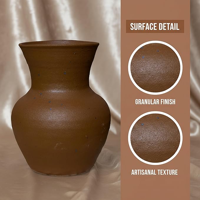 6.3IN Rustic Farmhouse Ceramic Vase Home Decor,Handmade Vintage Stoneware Clay Pottery Terracotta Textured for Modern Farmhouse, Living Room, Office Desk Table Shelf(Dark Brown)