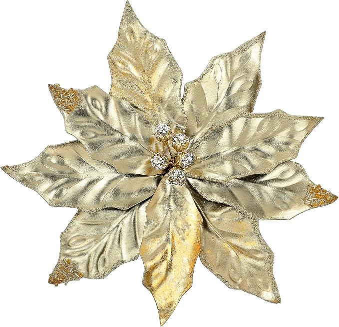 3 Pcs Artificial Christmas Flowers 11 Inch Glitter Poinsettia Picks Christmas Tree Ornaments Topper Decorations Champagne Poinsettias Flowers for Xmas New Year Wreath Garland Wedding Party Decor