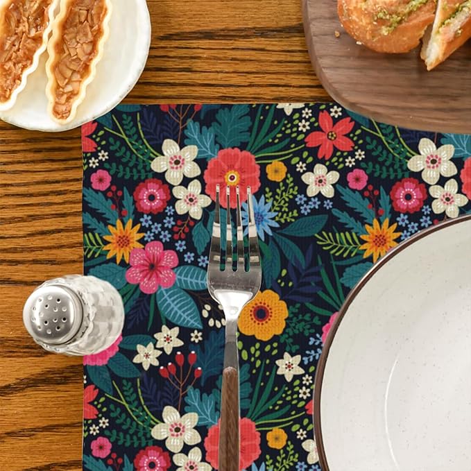 Placemats Set of 4 Colorful Flowers and Leaves Dining Place Mats Linen Table Mat for Farmhouse Home Kitchen Decor 12 X 18 Inch