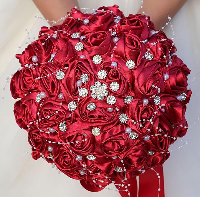 Bridal Wedding Bouquet Round Bling Brooch Bouquet Throw Toss Artificial Rose Flower Bunch for Bride Bridesmaid Wedding Quinceanera(Ruby Red, 9.8")