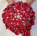 Bridal Wedding Bouquet Round Bling Brooch Bouquet Throw Toss Artificial Rose Flower Bunch for Bride Bridesmaid Wedding Quinceanera(Ruby Red, 9.8")