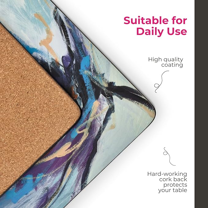 Pimpernel Abstract Lilac Collection Placemats, 4-Piece Set – (15.7" x 11.7") Rectangular Cork-Backed Dining Table Mats with Lacquered Finish, Heat & Stain Resistant Tabletop & Furniture Protection