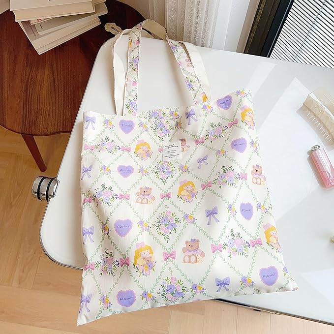 Cotton Canvas Tote Bag Reusable Soft Grocery Cloth Bag Floral Shoulder Bag for Beach Travel Shopping