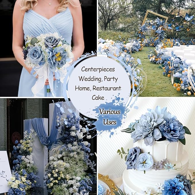 Dusty Blue Artificial Flowers Combo Box Set Silk Roses Dahlia with Stems DIY Bridal Wedding Bouquets Navy Royal Blue Cake Fake Floral Arrangements Baby Shower Party Table Centerpieces Home Decor Bulks