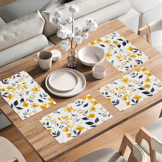 Farmhouse Yellow Flowers Placemats Set of 4, Rustic Floral Place Mats, Country Dining Table Mats, Washable Spring Placemats for Kitchen Dining Room Home Decor 18L'' × 12W''