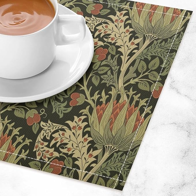 Vintage Boho Florals Placemats Set of 6, William Morris Retro Botanical Plant Foliage Place Mats, Heat Resistant Non Slip Cotton Linen Dining Table Mats for Home Kitchen Party 18x12 Inch