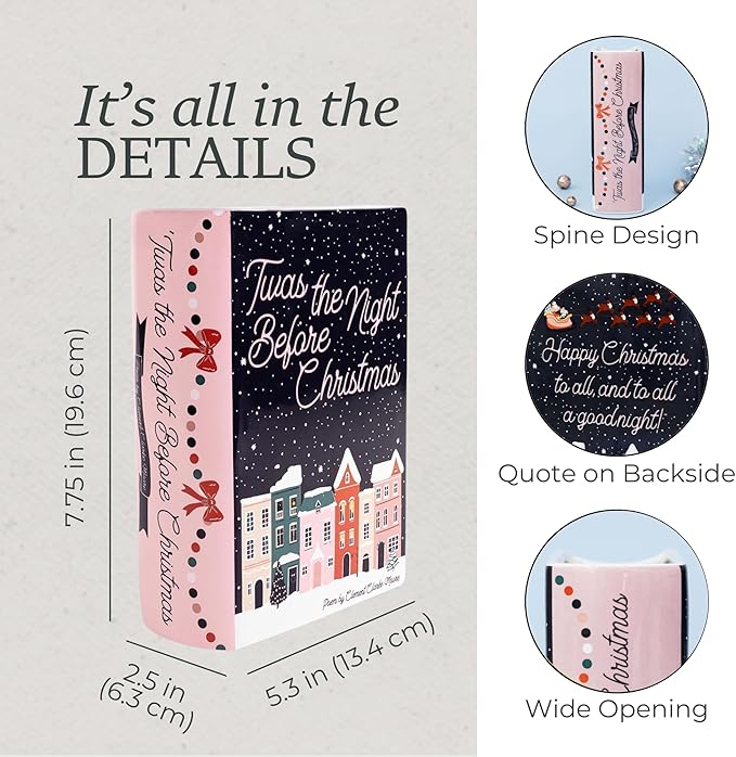 Steel Mill & Co Original Large Book-Shaped Decorative Vase, Ceramic Vases for Home Decor, Cute Bookshelf Decor, Unique Vase for Book Lovers, TWAS The Night Before Christmas