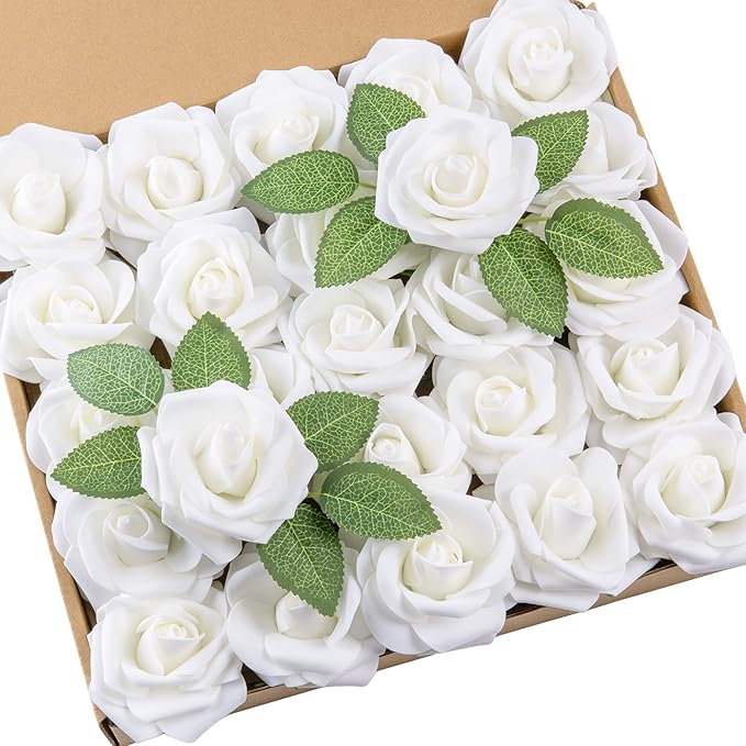 DuHouse 25Pcs Artificial Roses Flowers Fake Roses with Stems Real Touch Foam Flowers for DIY Wedding Bouquet Baby Shower Centerpiece Floral Arrangement Party Home Decor(White)