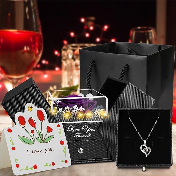 Preserved Purple Real Rose with I Love You Necklace -Eternal Flowers Rose for Mom Grandma Wife Girlfriend Gifts for Her from Husband Christmas Birthday Anniversary