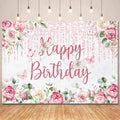 Rose Gold Floral Birthday Backdrop Decorations for Women,Glitters Blush Pink Flower Happy Birthday Backdrops Banner Photography Background for Women Girls Bday Party Photo Booth Supplies 7x5ft