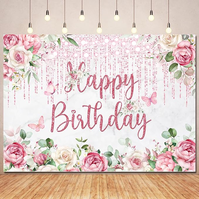 Rose Gold Floral Birthday Backdrop Decorations for Women,Glitters Blush Pink Flower Happy Birthday Backdrops Banner Photography Background for Women Girls Bday Party Photo Booth Supplies 7x5ft