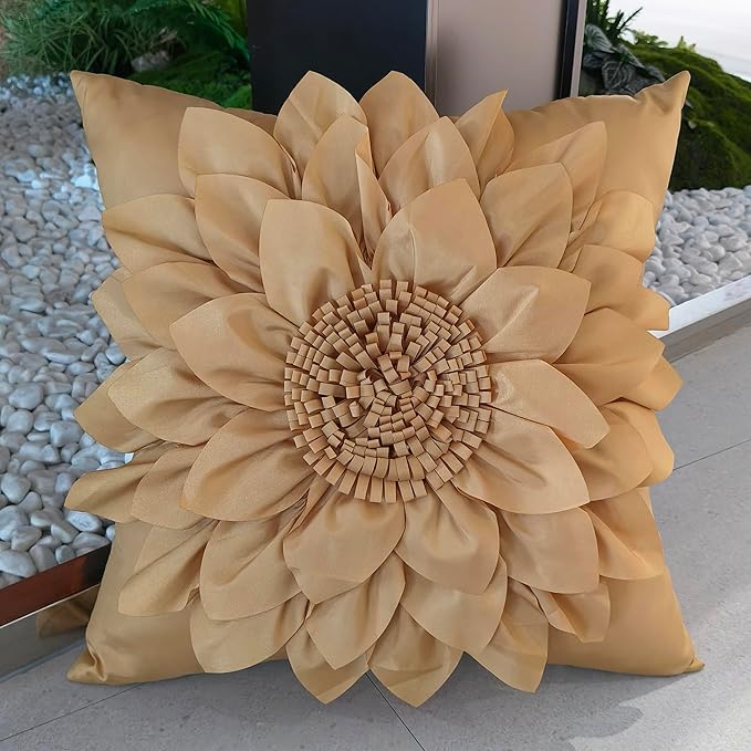 Bella's Giftshop 3D Sunflower Decorative Throw Pillow Covers for Bed Sofa Couch Car, Accent Floral Taffeta Cushion Cover, Handmade Pillow Cases Living Room Decor, 17x17 Inch-Gold