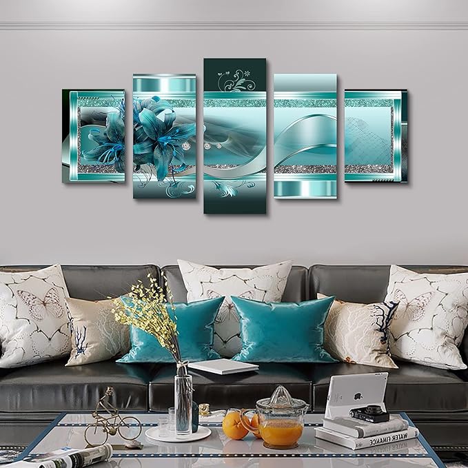 LUDUHU Extra Large Orchid Flowers Canvas Print - Abstract Turquoise Floral Wall Art Painting Decor for Home Decoration Artwork Picture Bedroom Green Floral (A,Oversize 80x40inch)