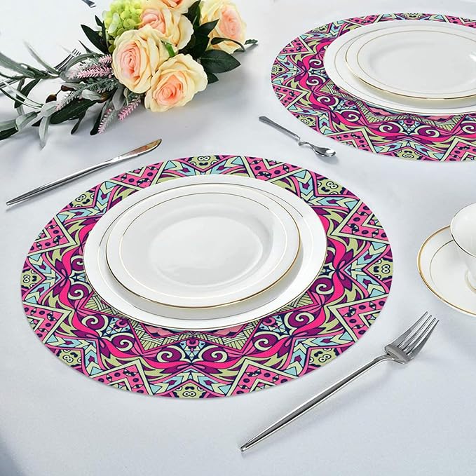 Mandala Round Placemat Set of 4 Elegant Linen Table Mats for Dining, Heat Resistant, Stain Resistant Perfect for Dinner Parties, Restaurants, and Everyday Use