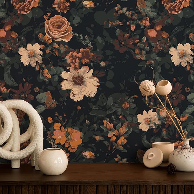 VEELIKE Vintage Floral Wallpaper Prepasted Moody Dark Floral Peel and Stick Wallpaper for Bedroom Powder Room 17.7''x354'' Removable Renter Friendly Wall Paper Flower Contact Paper for Cabinets Walls